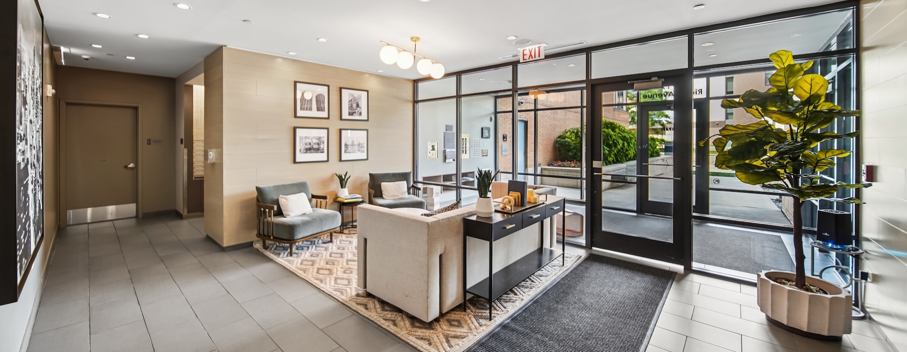 a lobby with chairs